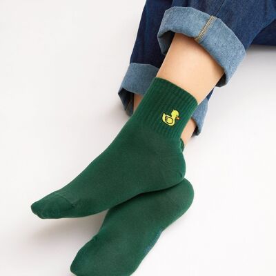 Organic socks with rubber duck - Green sneaker socks with embroidered yellow duck, Bath duck