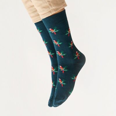 Bio-Socken mit Papageien - Grüne Socken mit buntem Papagei-Muster, Tropical Parrot