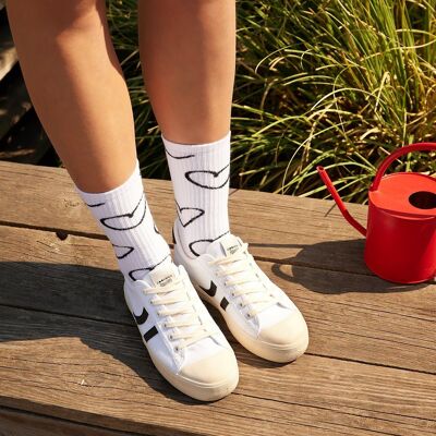 Organic Socks with Hearts - White tennis socks with scribbled heart pattern, Doodle Heart