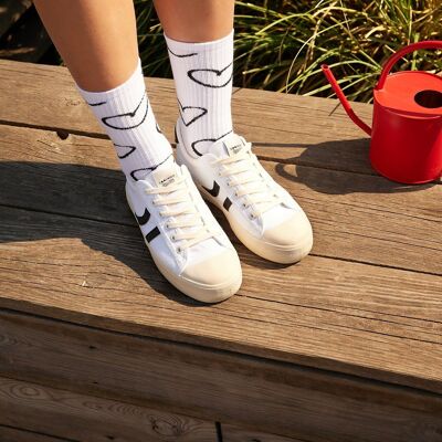 Organic Socks with Hearts - White tennis socks with scribbled heart pattern, Doodle Heart