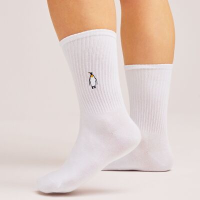 Organic Penguin Socks - White tennis socks with embroidered penguin, Penguin
