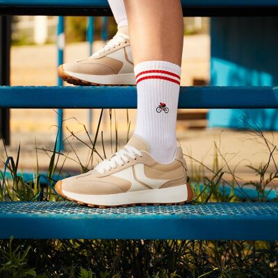 Organic socks "Bicycle" - White tennis socks with embroidered cyclist