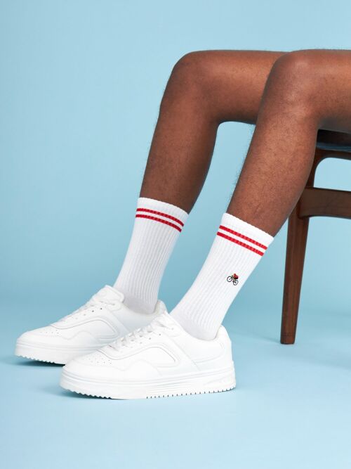 Bio-Socken "Fahrrad" - Weiße Tennissocken mit gesticktem Radfahrer