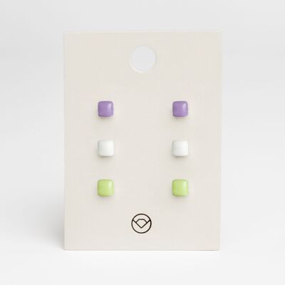 Boucles d'oreilles géométriques set de 3 / lavande • blanc neige • vert mai / upcycled & fait main