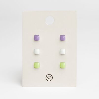 Orecchini geometrici set di 3 / lavanda • bianco neve • verde maggio / riciclati e fatti a mano