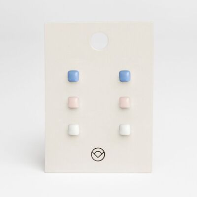 Geometric earrings set of 3 / azure blue • soft pink • snow white / upcycled & handmade