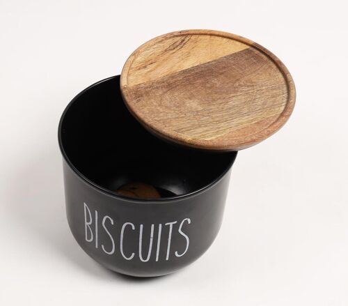Matte-Black Typographic Metal Canister with Wooden Lid