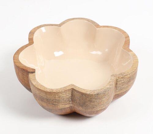 Solid-Enamelled Beige Flower-Shaped Wooden Serving Bowl