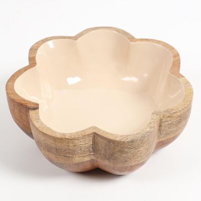 Solid-Enamelled Beige Flower-Shaped Wooden Serving Bowl