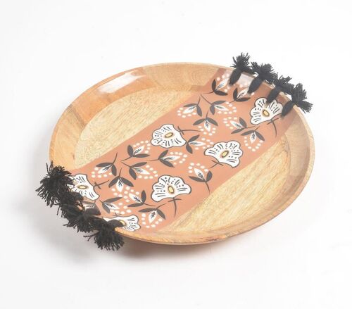 Enameled Floral Strip Tasseled Mango Wood Serving Plate