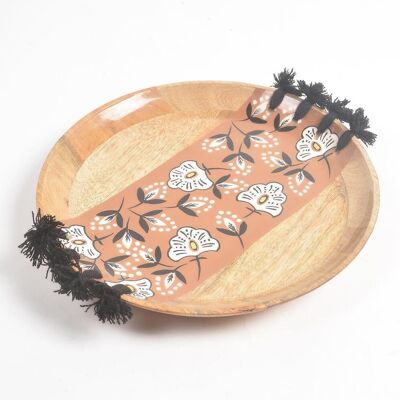 Enameled Floral Strip Tasseled Mango Wood Serving Plate