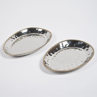 Hand Beaten Silver-Toned Iron Egg-Shaped Serving Trays (set of 2)