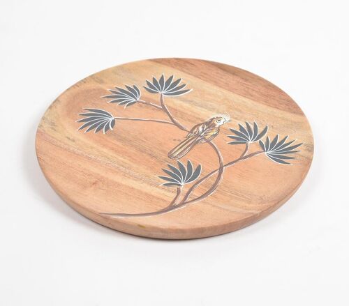 Enamelled Acacia Wood 'Bird on a Branch' Serving Plate (Large)