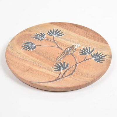 Enamelled Acacia Wood 'Bird on a Branch' Serving Plate (Large)