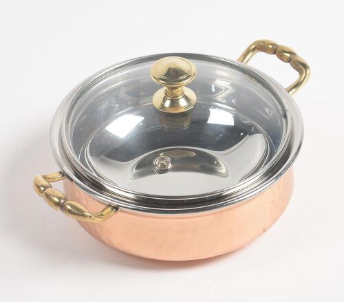 Handcrafted Steel Copper Serving Bowl with Glass Lid (Dia 6.8in)