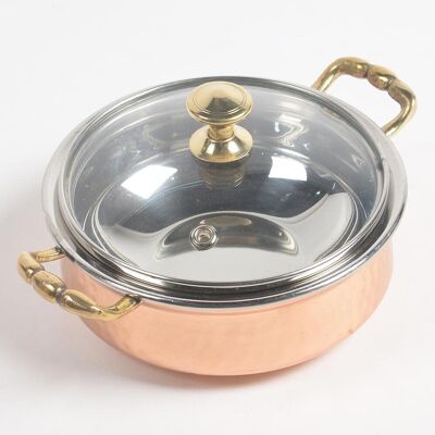 Handcrafted Steel Copper Serving Bowl with Glass Lid (Dia 6.8in)