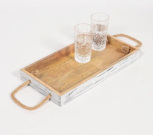Distressed Wooden Serving Tray with Rope handles