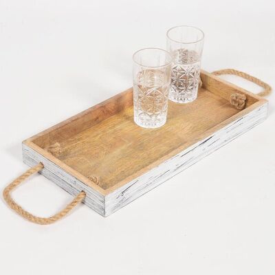 Distressed Wooden Serving Tray with Rope handles