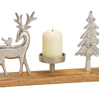 Candle holder deer, tree on mango wood base made of metal silver (W/H/D) 36x21x7cm