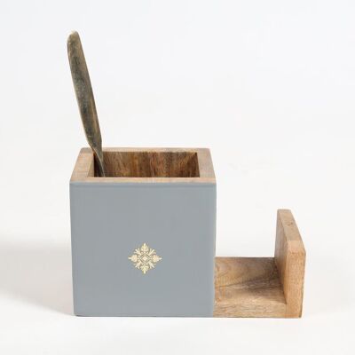 Enameled Mango Wood Grey Cutlery Holder