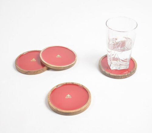 Enameled Scarlet Regal Motif Wooden Coasters (set of 4)