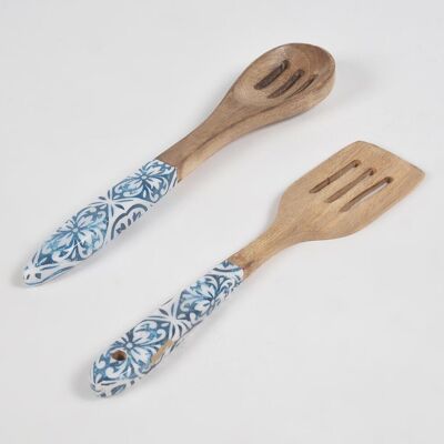 Indigo Meena print Light burnt Wooden Spatulas (set of 2)