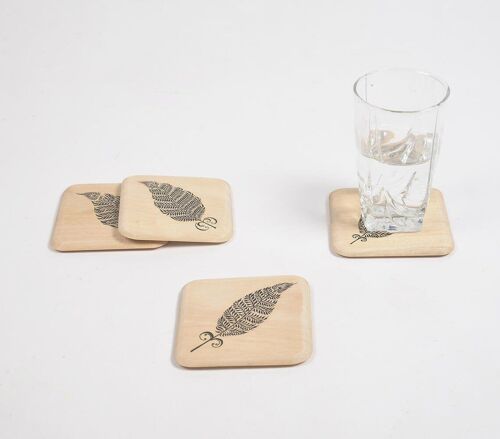 Hand Printed Ethnic Feather Wooden Coasters (set of 4)