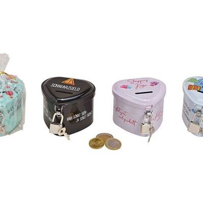 Heart money box with lock made of metal, colorful, 4 compartments, (W/H/D) 8x6x7cm