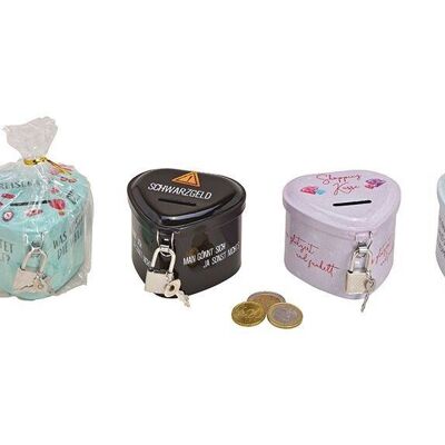 Heart money box with lock made of metal, colorful, 4 compartments, (W/H/D) 8x6x7cm
