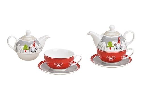 Teekannen Set Weihnachtswichtel Dekor aus Porzellan Rot 3er Set
