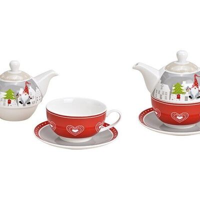 Teekannen Set Weihnachtswichtel Dekor aus Porzellan Rot 3er Set