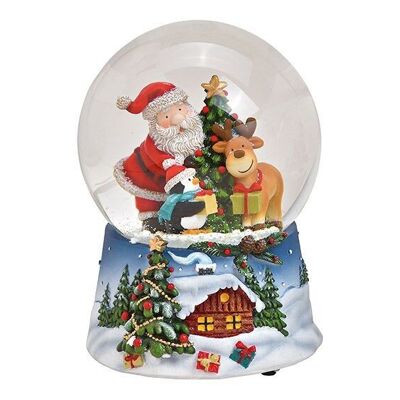 Music box, snow globe Santa Claus with penguin made of poly, colored glass, (W / H / D) 10x14x10cm
