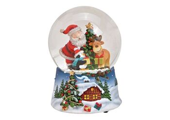 Boîte à musique, boule à neige Père Noël avec pingouin en poly, verre coloré, (L / H / P) 10x14x10cm