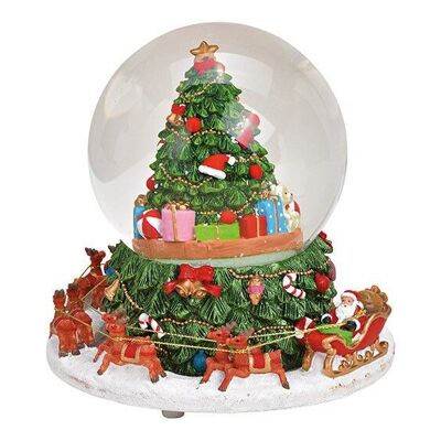 Music box, snow globe with music, moving. Tree, Nikolaus sledge made of poly, colored glass (W / H / D) 16x18x16cm