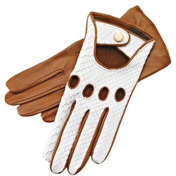 Gants de conduite en cuir Charlotte Python Blanc Caramel 1