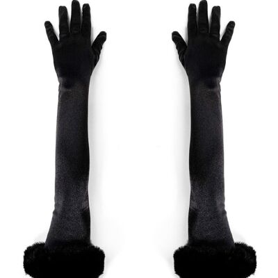 Long Gloves with Fur Trim in Black