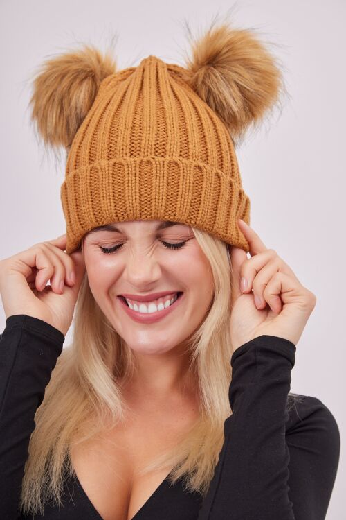 Knitted Double Fur Pom Beanie in Toffee Brown
