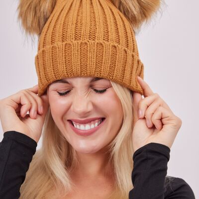 Knitted Double Fur Pom Beanie in Toffee Brown