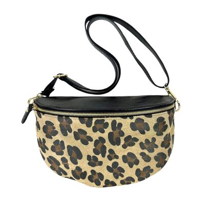 Leather Belt Bag with Leopard Print and Shiny Effect for Women