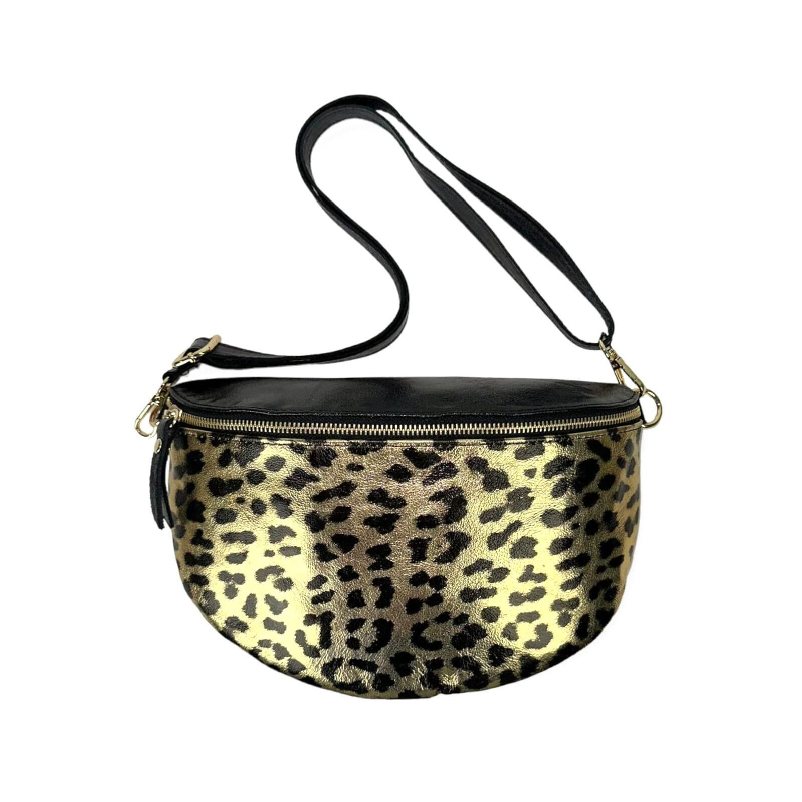 Marsupio in pelle con stampa leopardata ed effetto lucido da donna