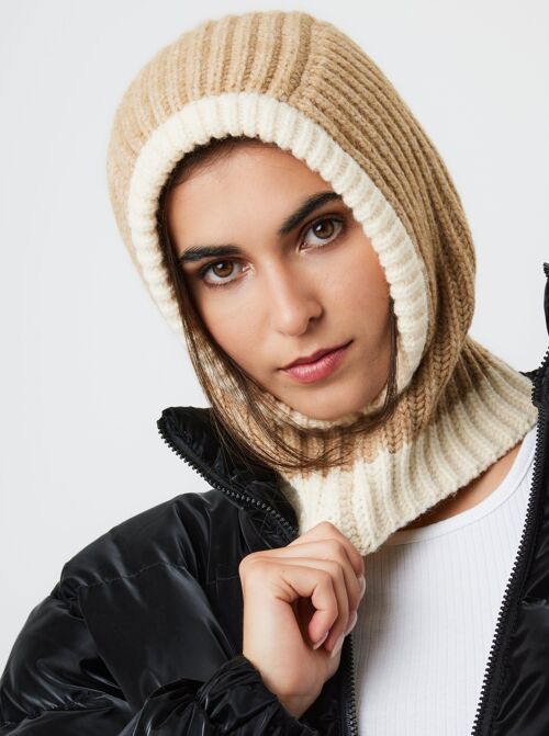 Loose Fit Ribbed Knitted Hood Balaclava in Beige