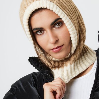 Loose Fit Ribbed Knitted Hood Balaclava in Beige