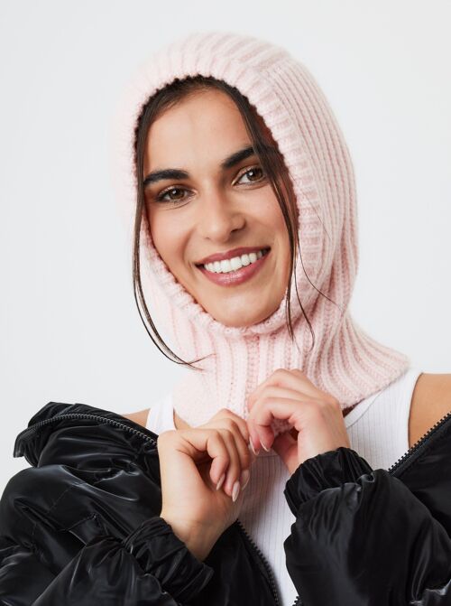 Loose Fit Ribbed Knitted Hood Balaclava in Pink