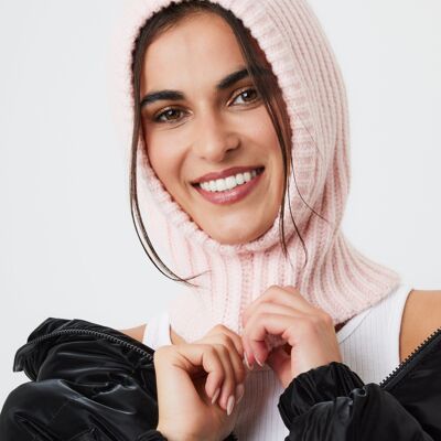 Loose Fit Ribbed Knitted Hood Balaclava in Pink