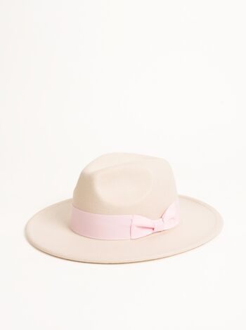 Chapeau Fedora en beige avec bordure à nœud rose et ajusteur de taille 5