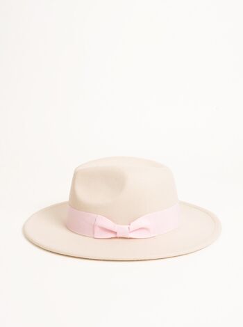 Chapeau Fedora en beige avec bordure à nœud rose et ajusteur de taille 6