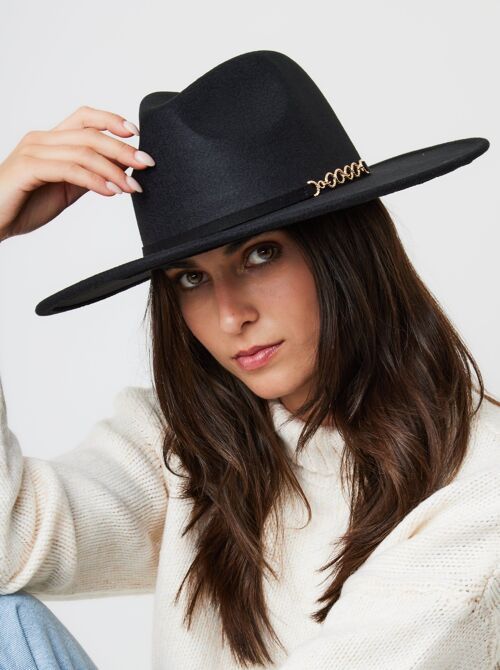 Oversized Fedora Hat in Black with Buckle Detail and Size Adjuster