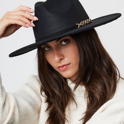 Oversized Fedora Hat in Black with Buckle Detail and Size Adjuster