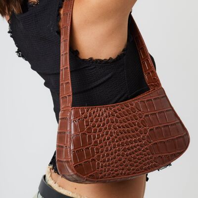 Curved Croc Shoulder Bag in Brown