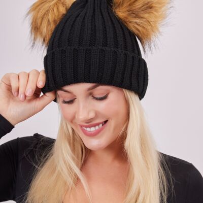 Knitted Double Fur Pom Beanie in Black